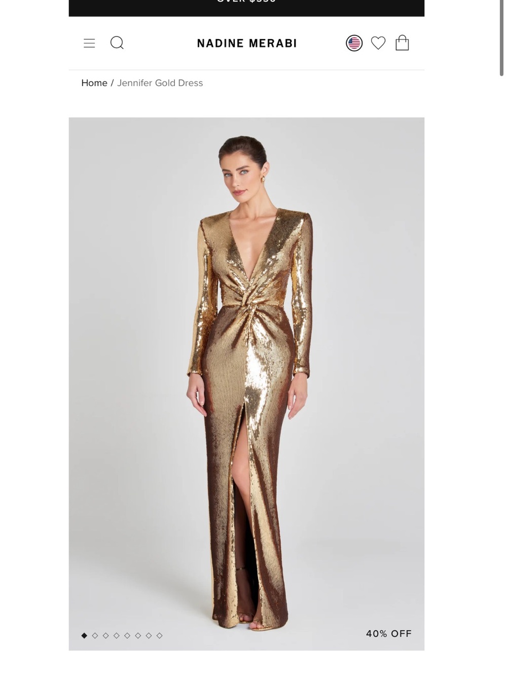 NADINE MERABI Gold Sequin Twist-Front Long Sleeve Gown